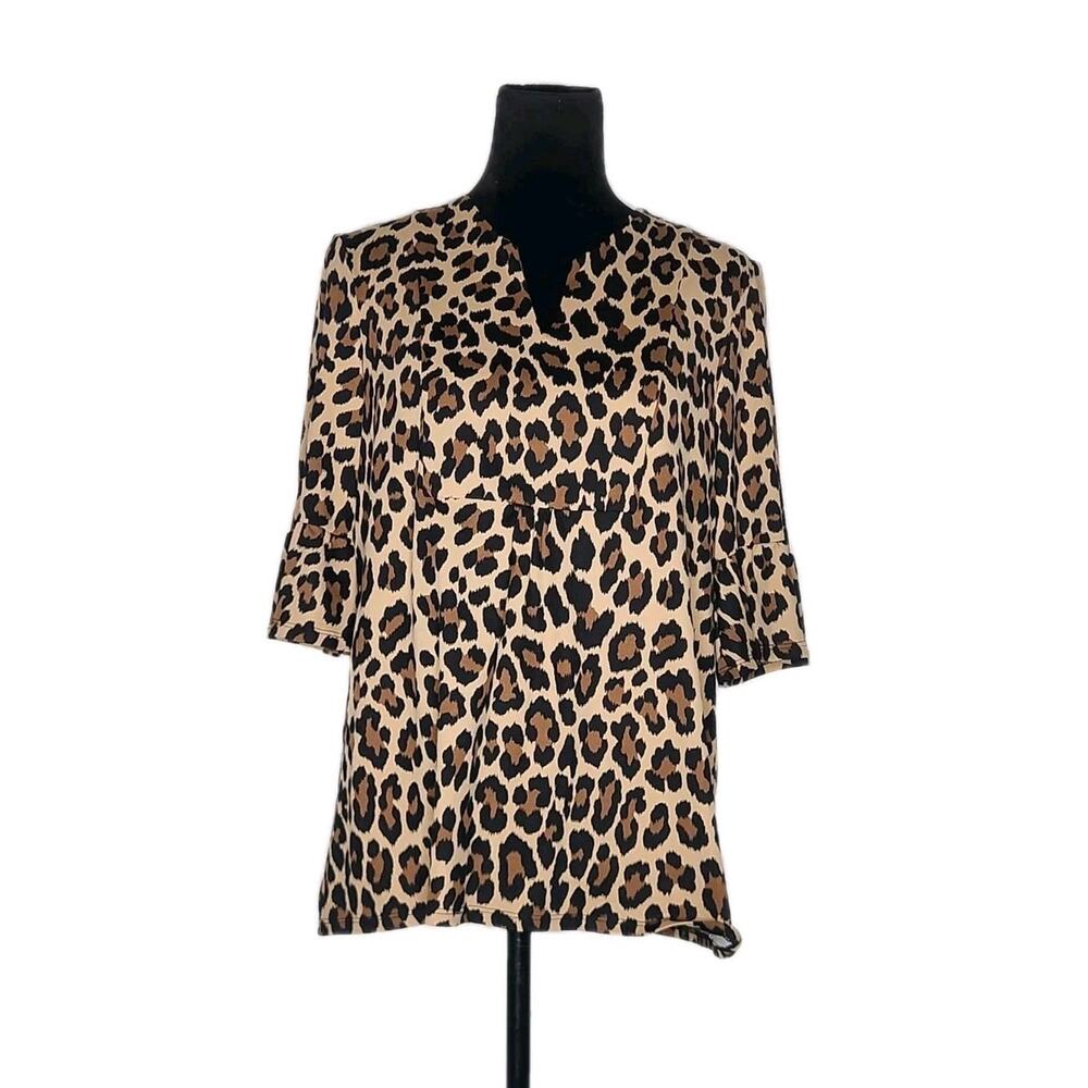 Jude Connally Cannell Top S Brown Leopard Print Bell Sleeve Tunic Stretch Knit - Picture 2 of 8